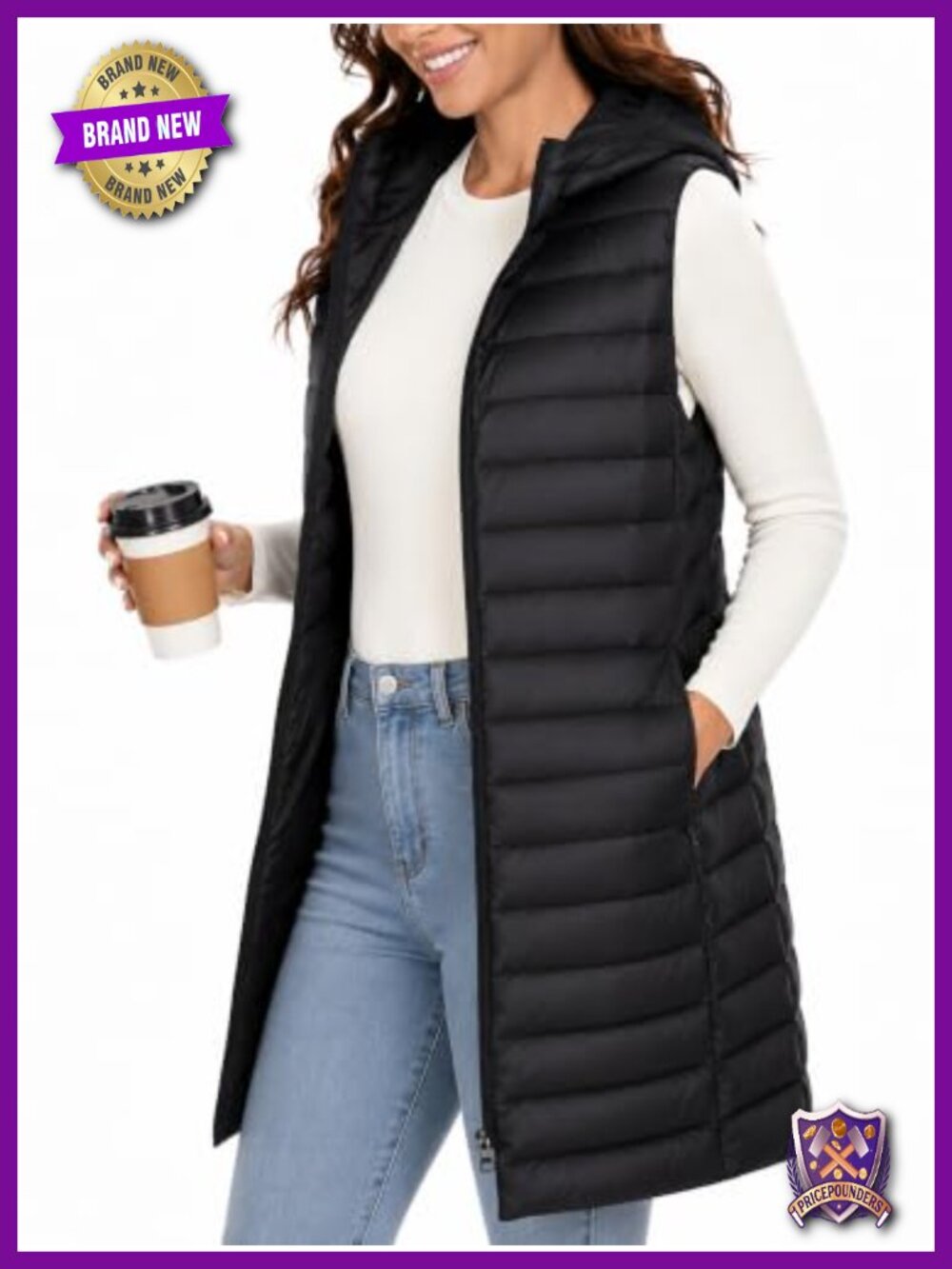 Long Puffer Vest Womens Sleeveless Down Blend Hooded Quilted Zip Up